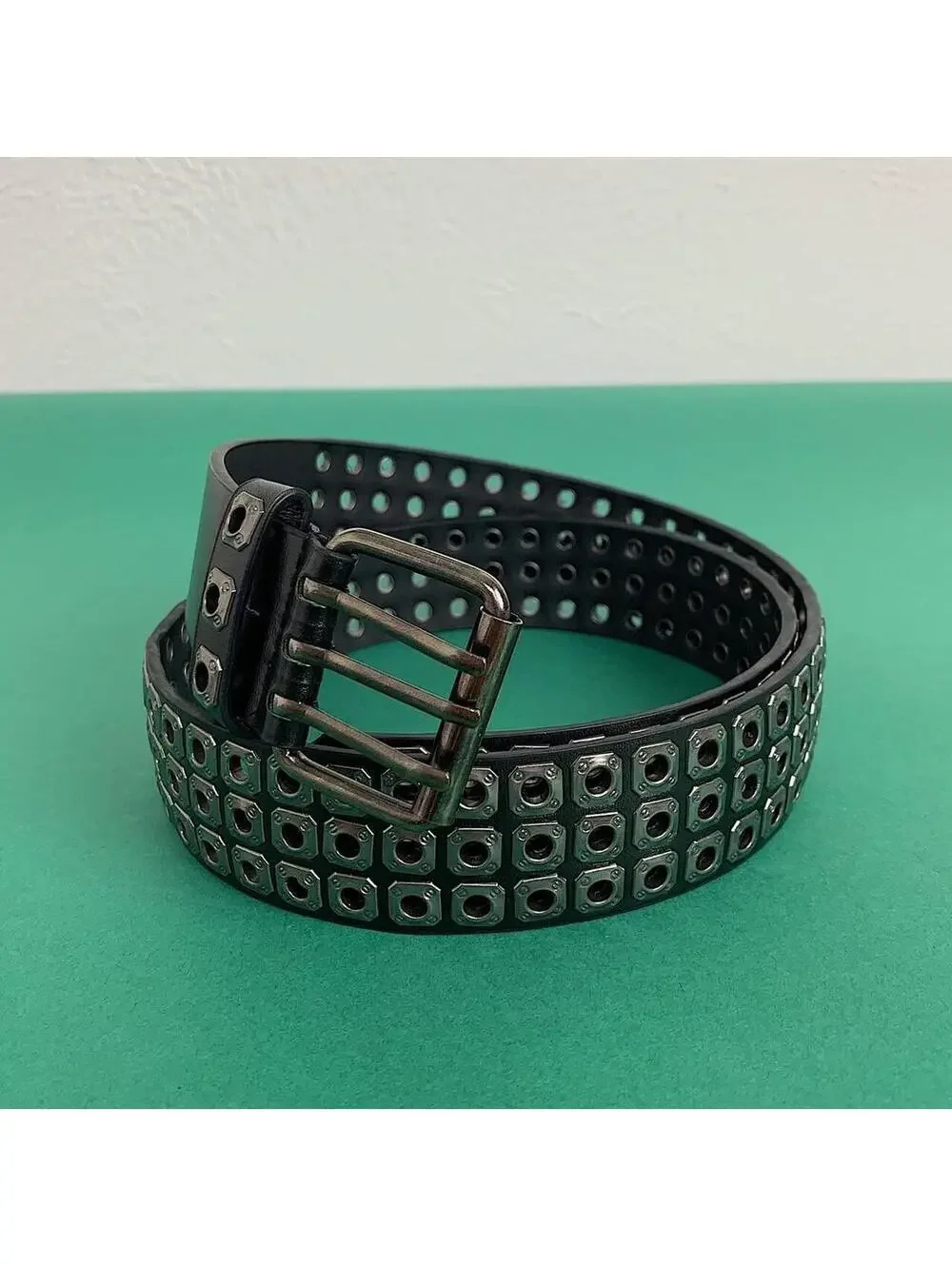 Cyber y2k 2000s style dark silver studded belt. Nice quality. 42 inches length